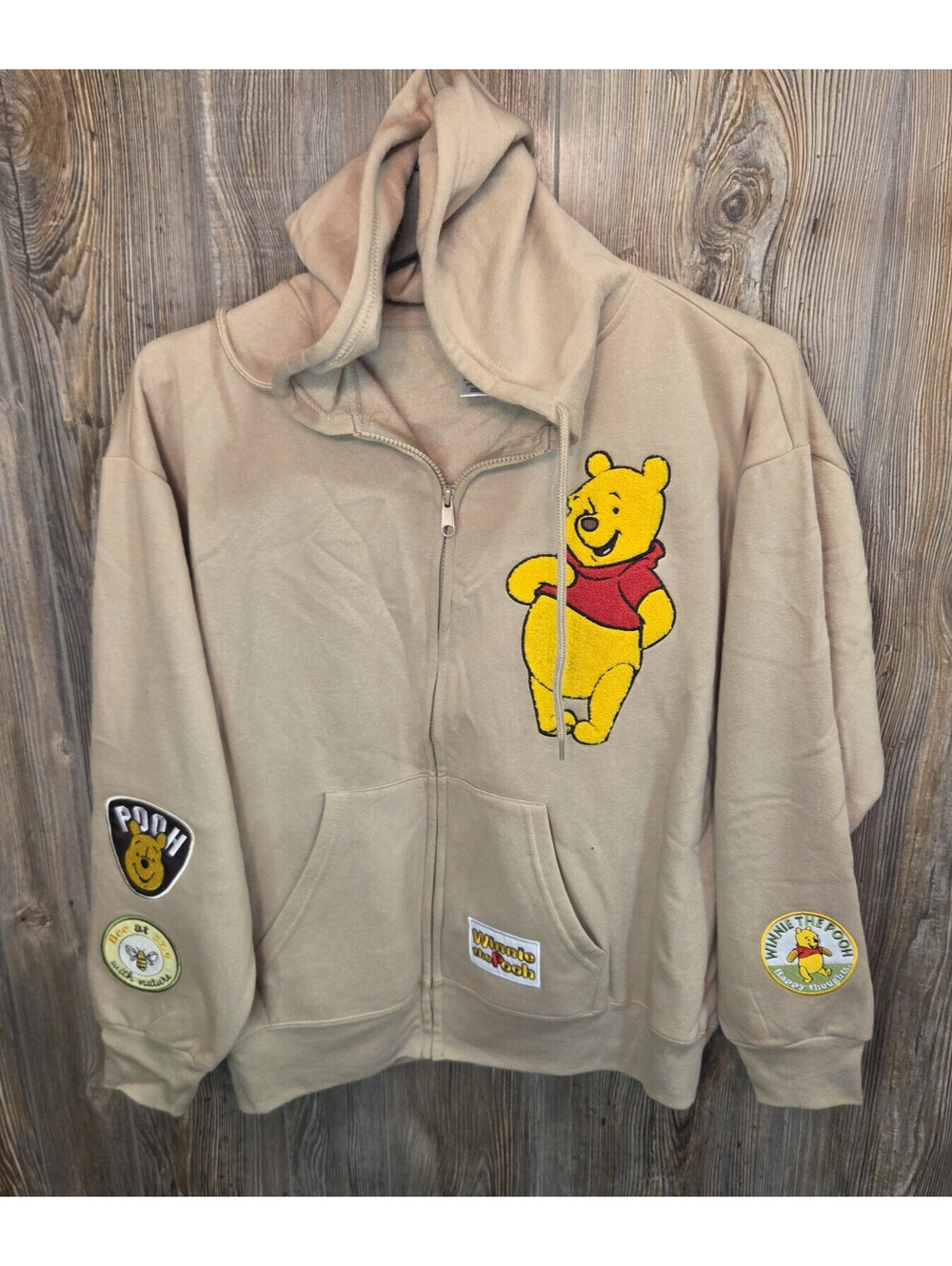 Disney Winnie the Pooh Embroidered Logo Full Zip Hoodie Jacket Size XL Sand Tan